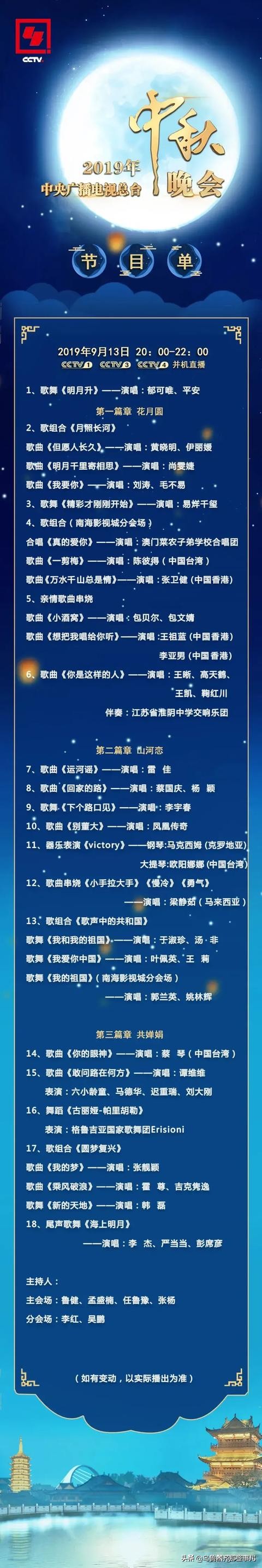 官方首发的2019年央视中秋晚会节目单，你怎样评价？：中秋晚会节目单来了