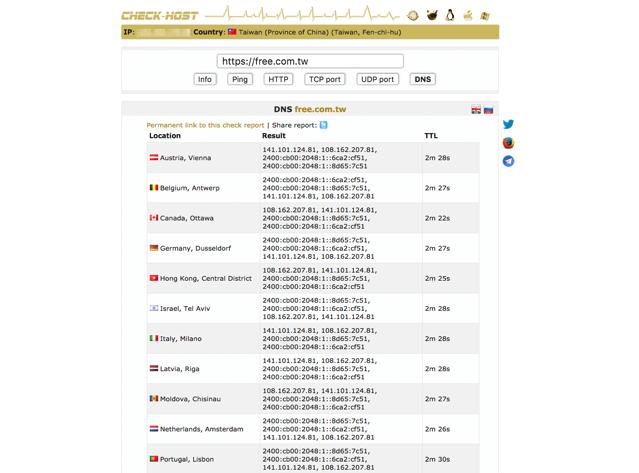 免费网站监测在线工具用于检查服务器DNS纪录IP位址可用性