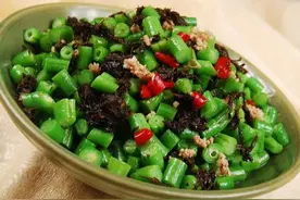 灯影牛肉丝、青豆炒牛肉末、橄榄菜炒四季豆、胡萝卜蒸菜家常做法图片