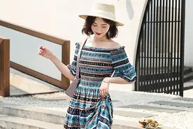 「遮肉撩人」波西米亚风连衣裙，一字领露肩+大裙摆，淑女范十足图片
