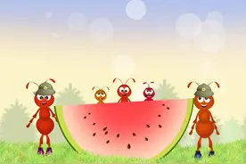 儿童睡前故事，蚂蚁和西瓜，下方有音频图片