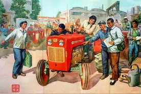 红色年代农村拖拉机题材宣传画，女拖拉机手，拖拉机手的晌午饭图片