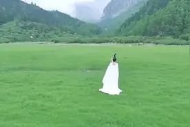 女子现出九尾狐真身将尾巴伸向草坪，草坪瞬间百花怒放，美极了