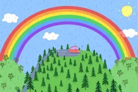 车外面还下着雨，天上还有太阳，还有一条美丽的彩虹