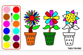 益智色彩绘画涂鸦早教，教小朋友画盆栽花朵用七彩颜料笔涂颜色视频封面