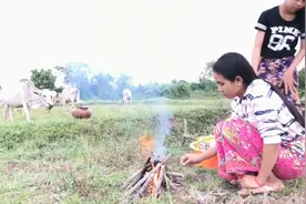 柬埔寨女孩边放牛边烤鱼，吃饭干活两不误视频封面
