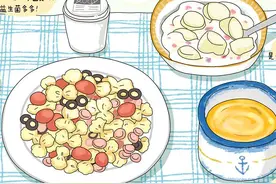 甜蜜早餐漫画食谱：蝴蝶面沙拉+香蕉酸奶图片