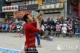 吹水|男子在南宁街头表演“生吞活蛇”，结果图片