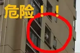 吓人！东莞小区一熊孩子爬出阳台命悬半空，所有人捏了一把汗图片