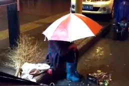 平顶山老奶奶雨中撑伞犯困，坐地等环卫老爷爷下班图片