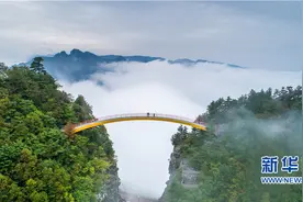 航拍神农架云天飞渡 彩虹桥上观流云飞瀑图片