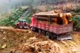 满载木材的大货车泥地走不动，司机崩溃了，看看是怎么救援的！图片