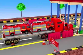 各种重型大卡车载着小车智能行驶过加油站，益智趣味色彩认知视频封面