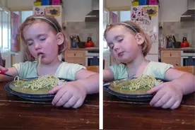 北美女童吃意大利面时瞌睡连连 令人忍俊不禁图片