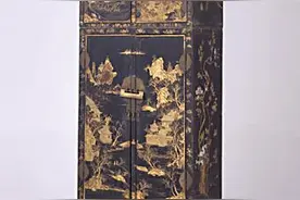 博雅古家具：黑漆描金山水图顶箱立柜（清）图片