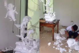 这个浦江人太牛了！这三匹白马居然是他用泡沫雕刻的！图片