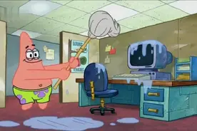 海绵宝宝和派大星在办公司打扫卫生，一团糟