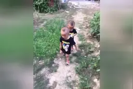 双胞胎小兄弟走路嘚瑟的步伐，最后摔倒了，不过没有哭图片