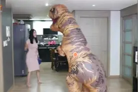 韩国淘气弟弟穿恐龙服饰整蛊姐姐，姐姐居然使出这般必杀绝技视频封面