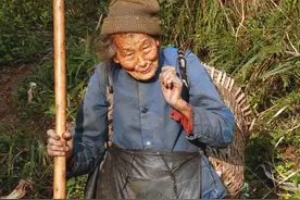 一位失明的母亲翻山越岭，去女儿家给女儿做饭。图片
