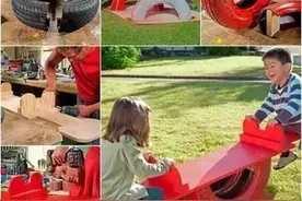 旧轮胎创意改造成儿童跷跷板和大象玩具图片