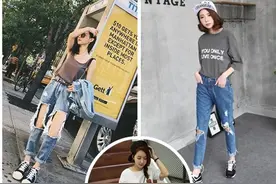 巧穿膝盖破洞牛仔裤让你更有高街范图片