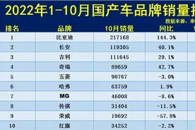 1-10月国产车销量排名TOP50出炉：奇瑞第四，长安、吉利突破80万图片