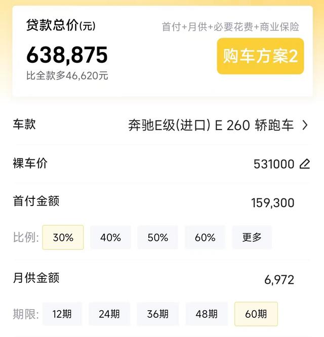 分析奔驰E级（进口）2023款 E 260 轿跑车购车费用和用车成本