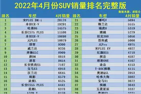 4月SUV销量排名完整版：1-275名，仅6款破万，瑞虎8博越未进前20图片
