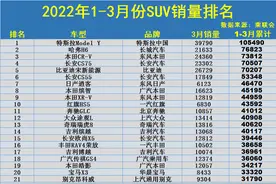 1季度SUV销量榜：1-278名，Model Y破10万，哈弗H6亚军，博越失宠图片