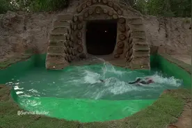 小伙在树叶里面提取颜料，给树根下的游泳池配上绿色，太会享受了