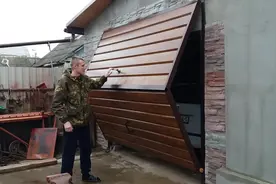 俄罗斯小伙自制的向上折叠车库门，简单实用，