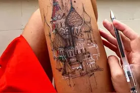 女孩将大腿作为画布，绘制出漂亮的人体涂鸦，却要洗掉让人惋惜图片