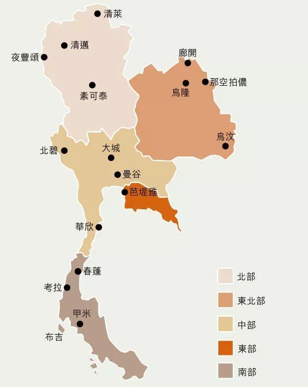 泰国全国一共分为:中部,南部,东部,北部和东北部五个地区.现有76个府.