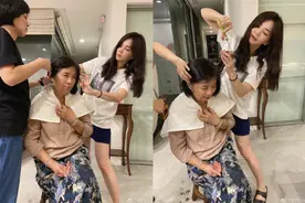 Ella搞怪给妈妈剪头发，表情认真专业，这身材美貌真吸睛了图片