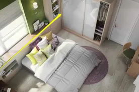 床头不得已靠窗，一招化解：加一字型20cm宽矮台面，也当床头柜用图片