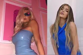 凯莉·詹娜的紧身裙Look，亮眼橘色好洋气，金发蓝裙像芭比图片