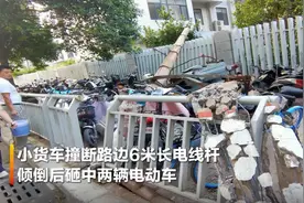 郑州路边6米长电线杆被小货车撞断 砸中两辆电动车图片