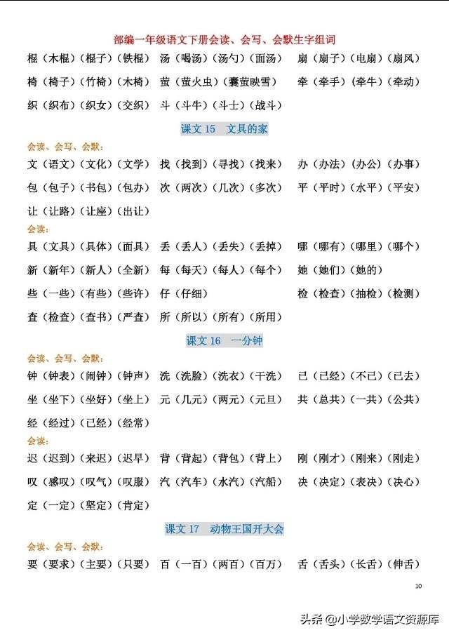 一年级语文下册部编版全册会读、会写、会默生字组词，助力学习！