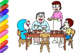 儿童卡通人物绘画教程，绘制哆啦A梦一家人吃饭时的场景视频封面