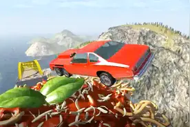 BeamNG：汽车高速飞跃巨型番茄酱拉面碗，画面太酸爽了！视频封面