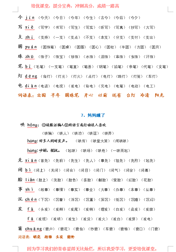 小学语文二年级，生字表的注间与及组词全套教学，附电子版！