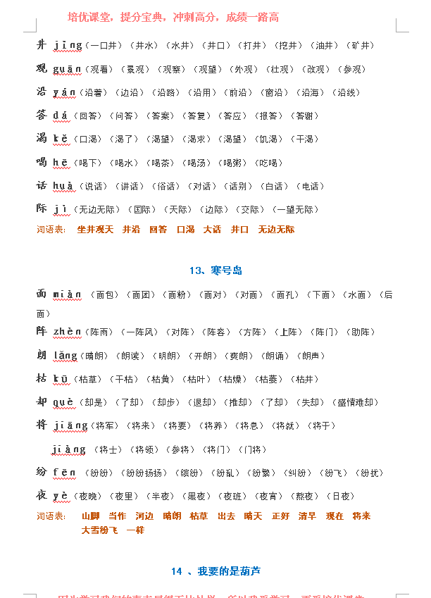 小学语文二年级，生字表的注间与及组词全套教学，附电子版！
