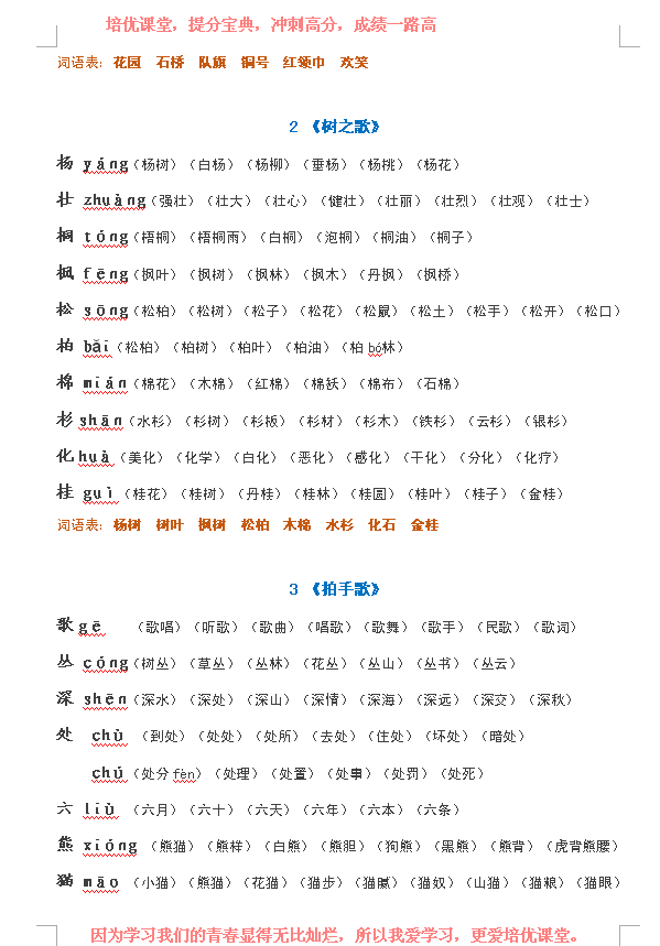 小学语文二年级，生字表的注间与及组词全套教学，附电子版！
