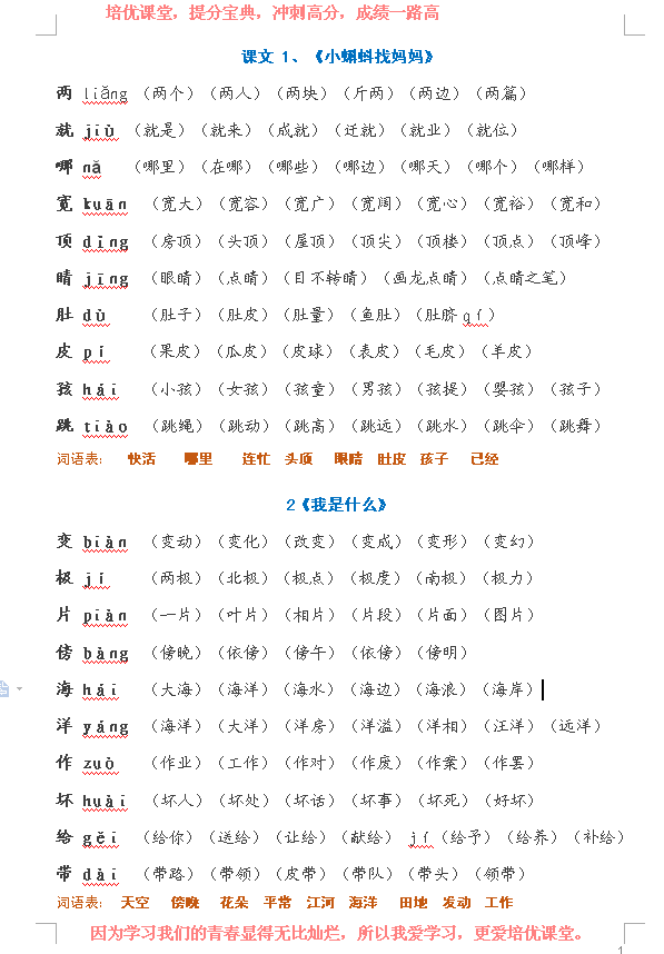小学语文二年级，生字表的注间与及组词全套教学，附电子版！