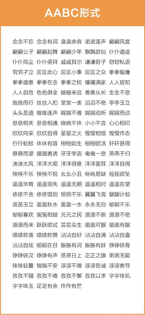 abc词语大全（成语汇总AABCABCCAABBABAB等七种形式 为孩子收藏）