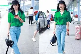 刘芸牛仔裤配绿色衬衫，不仅减龄，而且很显瘦图片