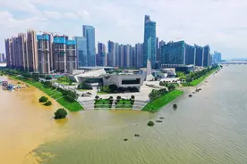 长沙汛情：橙黄色的浏阳河水与蓝绿色的湘江水“泾渭分明”图片