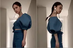 杨丞琳这造型认真的吗？蓝色阔腿裤开叉到腰，侧面看大长腿真迷人图片
