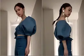 杨丞琳这造型认真的吗？蓝色阔腿裤开叉到腰，侧面看大长腿真迷人图片
